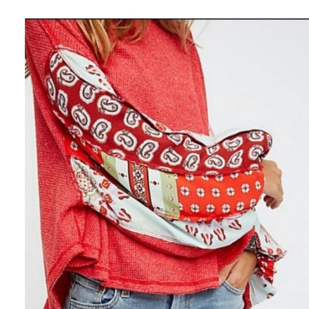 We The Free Free People Red Waffle Knit Mixed Patchwork Balloon Sleeve Top-S
